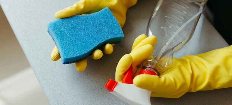 Osoba drži sunđer i prskalicu u ruci.